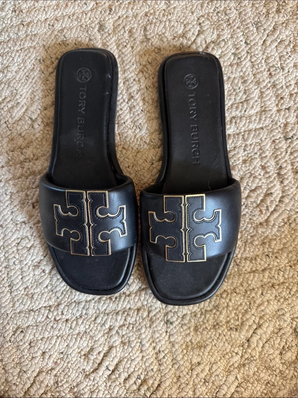 Tory Burch Black Leather Logo Slide Sandals with Gold Trim
